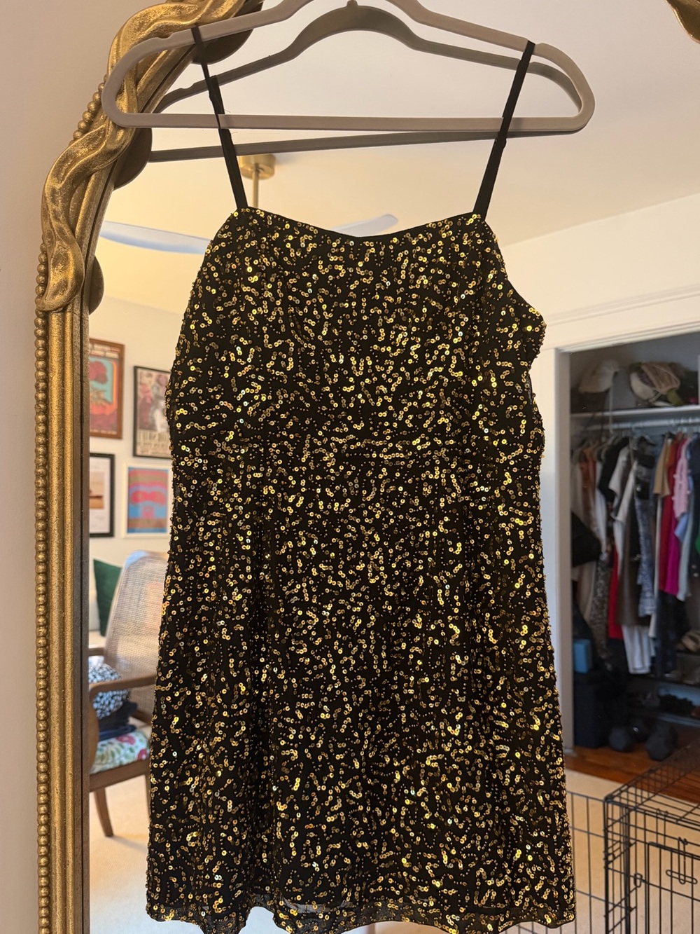 French Connection Black and Gold Sequin Mini Dress
